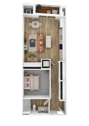 Floor plan for 1 bed, 1 bath, 735 sqft